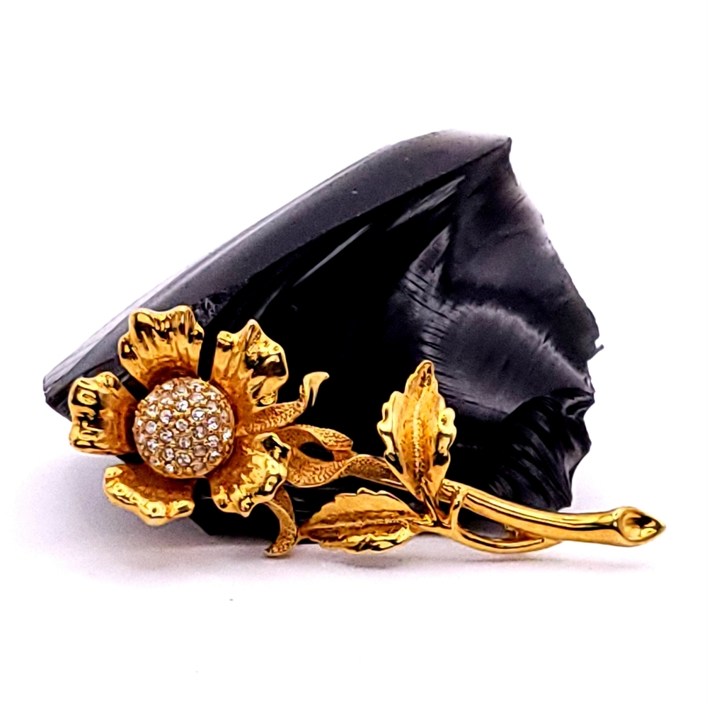 Vintage Gold-Tone Long Stem Floral Brooch w/ Pave Crystal Center